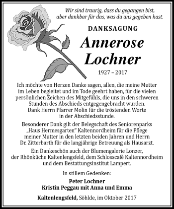 Traueranzeige von Annerose Lochner von Südthüringer Presse
