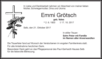 Traueranzeige von Emmi Grötsch von Frankenpost