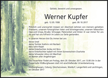 Traueranzeige von Werner Kupfer von Südthüringer Presse
