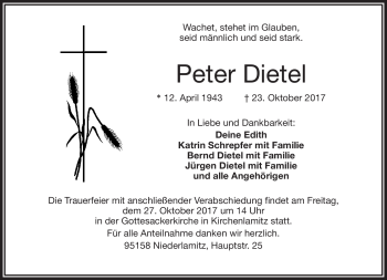 Traueranzeige von Peter Dietel von Frankenpost