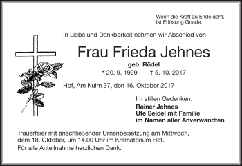 Traueranzeige von Frieda Jehnes von Frankenpost