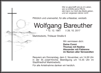 Traueranzeige von Wolfgang Bareuther von Frankenpost
