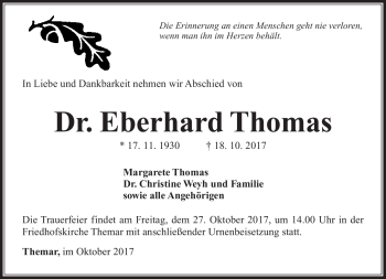 Traueranzeige von Eberhard Thomas von Südthüringer Presse