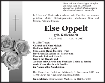 Traueranzeige von Else Oppelt von Südthüringer Presse