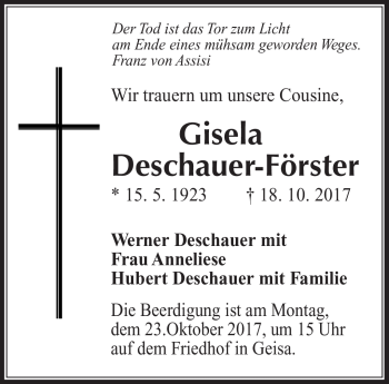 Traueranzeige von Giesela Deschauer-Förster von Südthüringer Presse