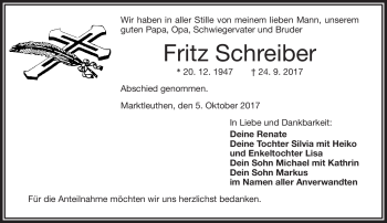 Traueranzeige von Fritz Schreiber von Frankenpost