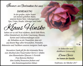 Traueranzeige von Klaus Hinske von Südthüringer Presse