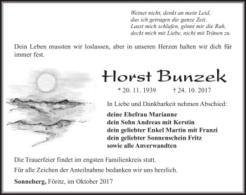 Traueranzeige von Horst Bunzek von Südthüringer Presse