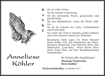 Traueranzeige von Anneliese Köhler von Südthüringer Presse