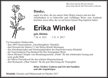 Traueranzeige von Erika Winkel von Südthüringer Presse