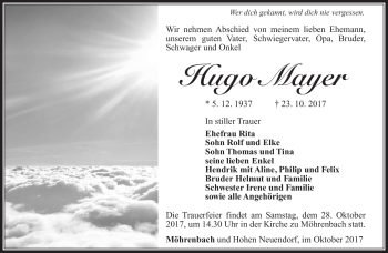 Traueranzeige von Hugo Mayer von Südthüringer Presse