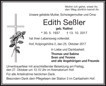 Traueranzeige von Edith Seßler von Frankenpost