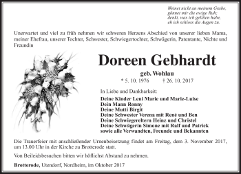 Traueranzeige von Doreen Gebhardt von Südthüringer Presse