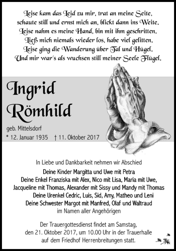 Traueranzeige von Ingrid Römhild von Südthüringer Presse