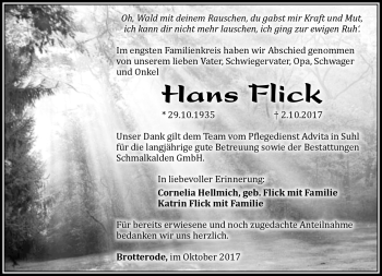 Traueranzeige von Hans Flick von Südthüringer Presse