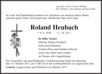 Traueranzeige von Roland Heubach von Südthüringer Presse