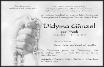 Traueranzeige von Didyma Günzel von Südthüringer Presse