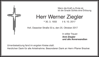 Traueranzeige von Werner Ziegler von Frankenpost