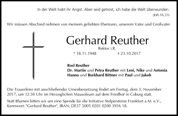 Traueranzeige von Gerhard Reuther von Neue Presse Coburg