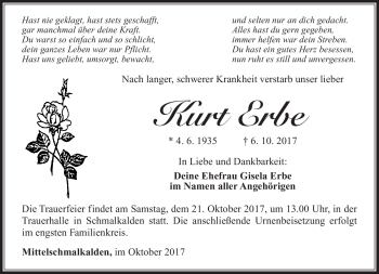 Traueranzeige von Kurt Erbe von Südthüringer Presse