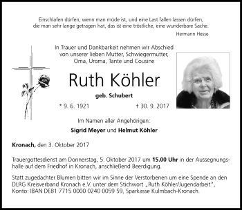 Traueranzeige von Ruth Köhler von Neue Presse Coburg
