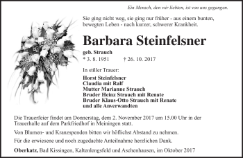 Traueranzeige von Barbara Steinfelsner von Südthüringer Presse