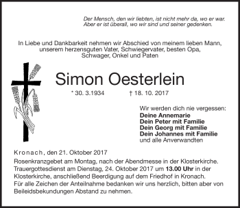 Traueranzeige von Simon Oesterlein von Neue Presse Coburg