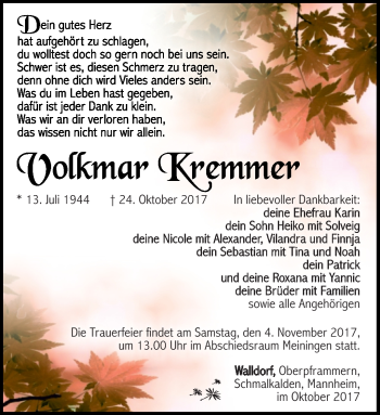 Traueranzeige von Volkmar Kremmer von Südthüringer Presse