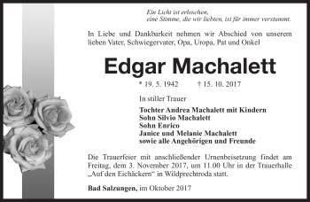 Traueranzeige von Edgar Machalett von Südthüringer Presse