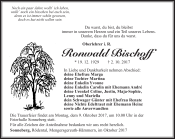 Traueranzeige von Ronwald Bischoff von Südthüringer Presse