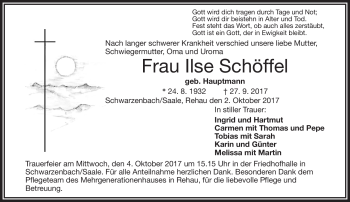 Traueranzeige von Ilse Schöffel von Frankenpost