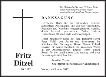 Traueranzeige von Fritz Ditzel von Südthüringer Presse