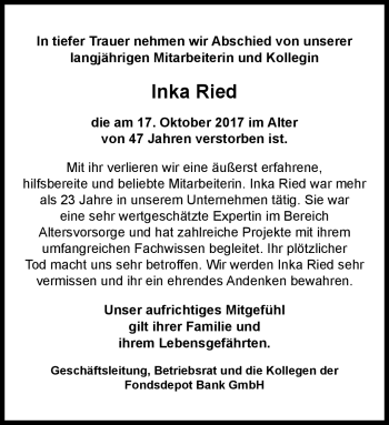 Traueranzeige von Inka Ried von Frankenpost