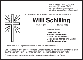 Traueranzeige von Willi Schilling von Neue Presse Coburg