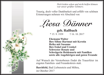 Traueranzeige von Liesa Dänner von Südthüringer Presse