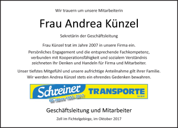 Traueranzeige von Andrea Künzel von Frankenpost