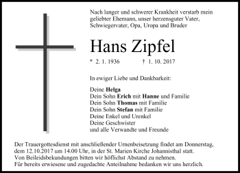 Traueranzeige von Hanz Zipfel von Neue Presse Coburg