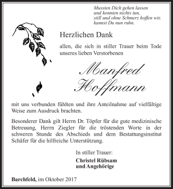 Traueranzeige von Manfred Hoffmann von Südthüringer Presse