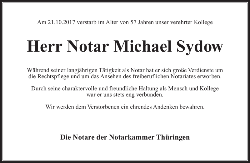  Traueranzeige für Michael Sydow vom 28.10.2017 aus Südthüringer Presse
