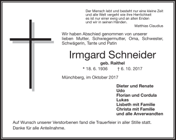 Traueranzeige von Irmgard Schneider von Frankenpost