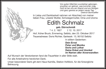 Traueranzeige von Edith Schmalz von Frankenpost