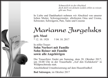 Traueranzeige von Marianne Jurgeluks von Südthüringer Presse