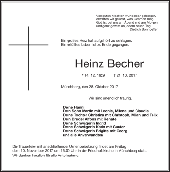 Traueranzeige von Heinz Becher von Frankenpost