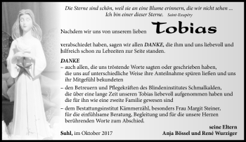 Traueranzeige von Tobias Bössel von Südthüringer Presse
