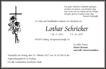 Traueranzeige von Lothar Schricker von Frankenpost