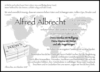 Traueranzeige von Alfred Albrecht von Südthüringer Presse