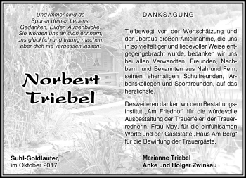 Traueranzeige von Norbert Triebel von Südthüringer Presse