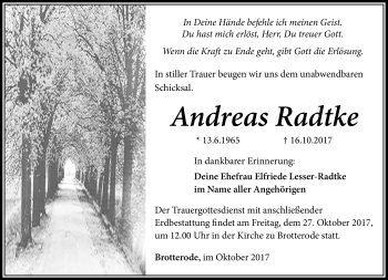 Traueranzeige von Andreas Radtke von Südthüringer Presse
