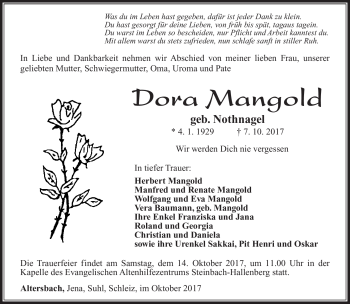 Traueranzeige von Dora Mangold von Südthüringer Presse