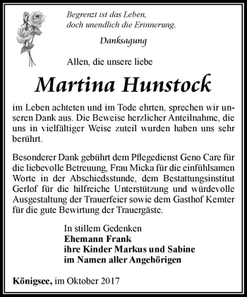 Traueranzeige von Martina Hunstock von Südthüringer Presse